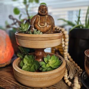 Vtg Turned Wood 2 Tier Tray Round Handmade Table Decor Serving 2 Tones Etagere